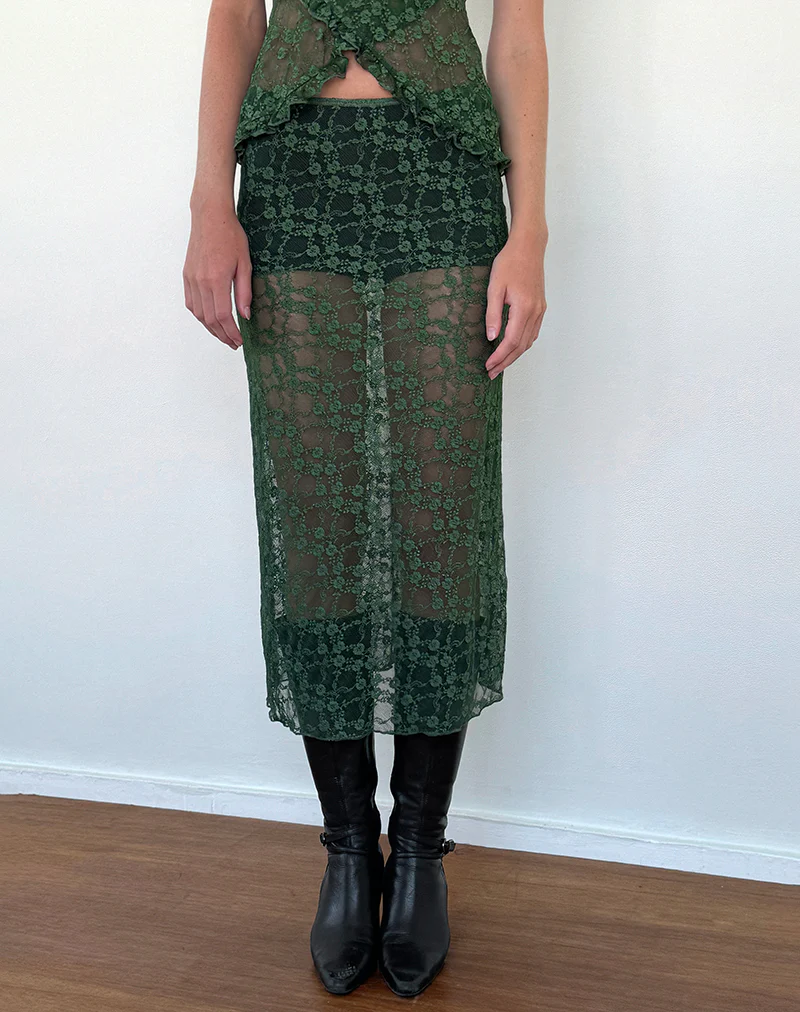 Diri Unlined Midi Skirt in Sage Canina Rose Lace - Awmao
