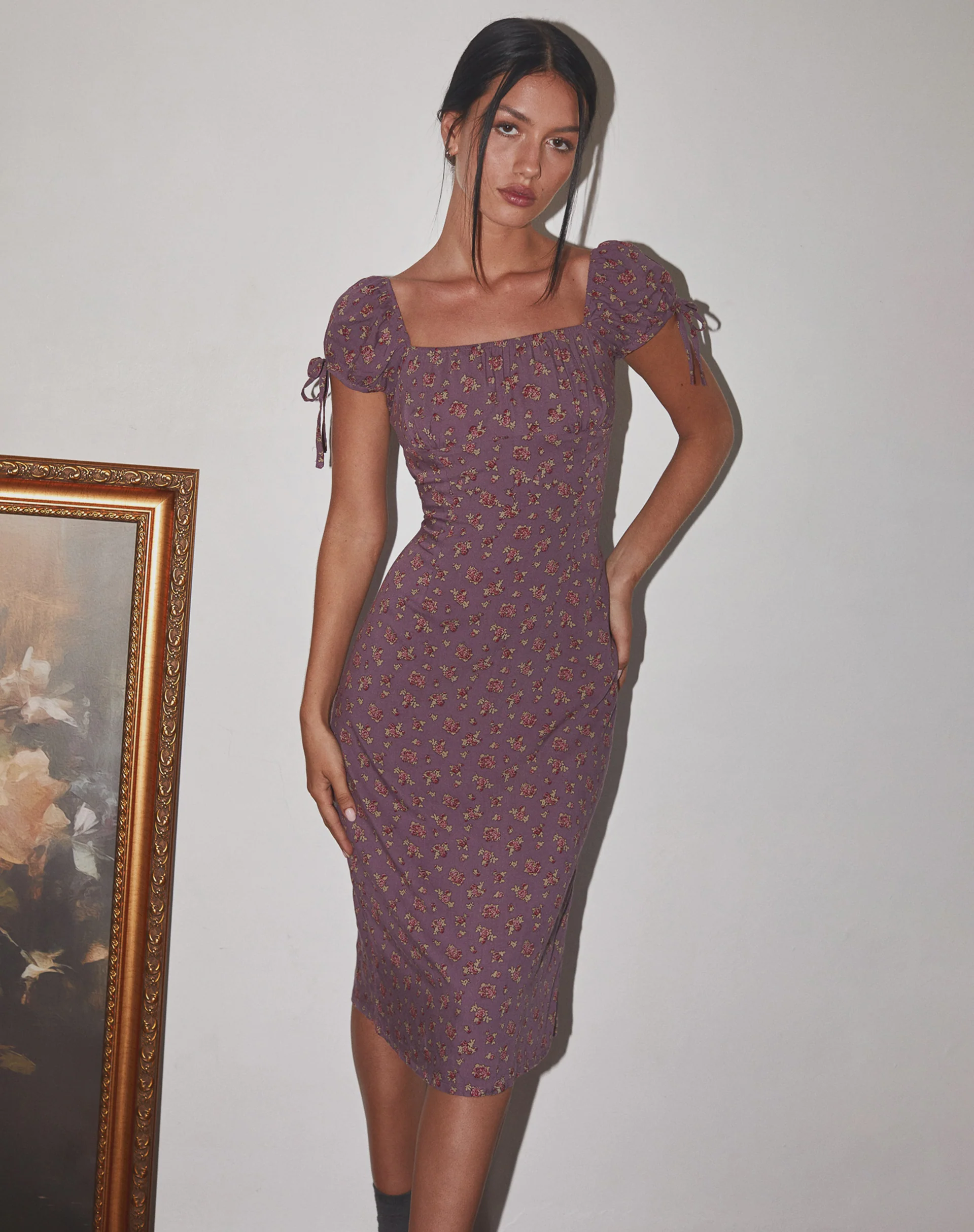 Rachana Midi Dress in Flowing Rose Deep Purple - Awmao