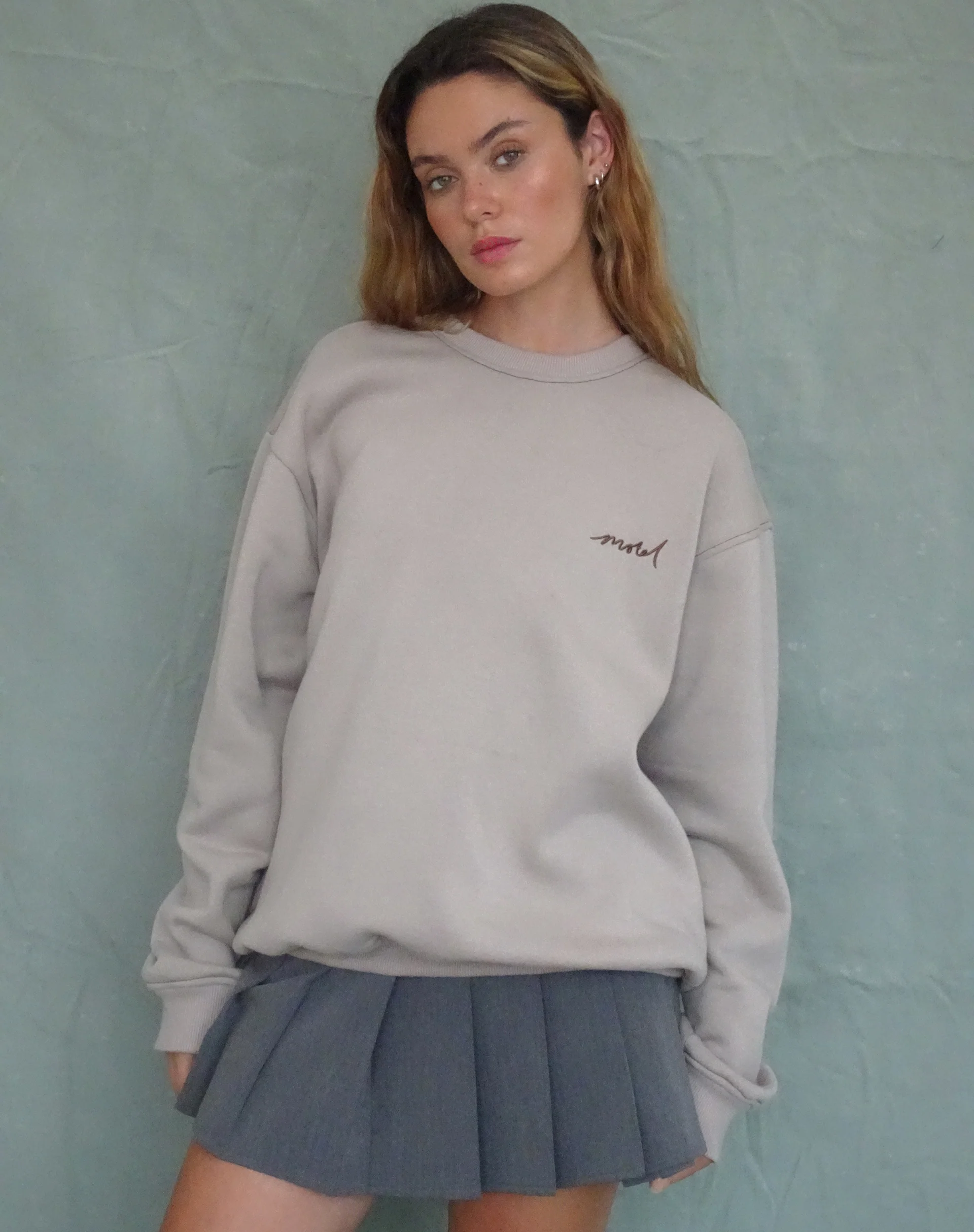 Tillie Sweatshirt in Mushroom with Brown Motel Embroidery - Awmao