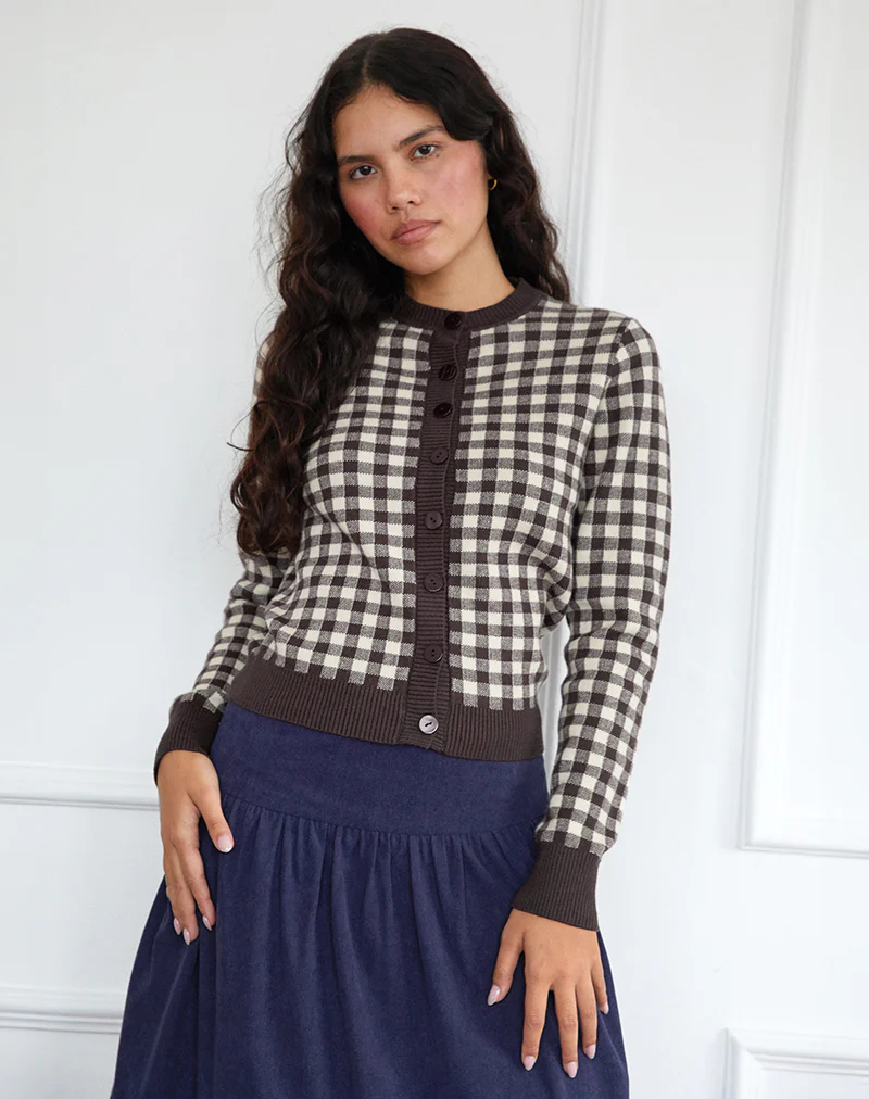 Hanudia Cardi in Gingham Brown - Awmao