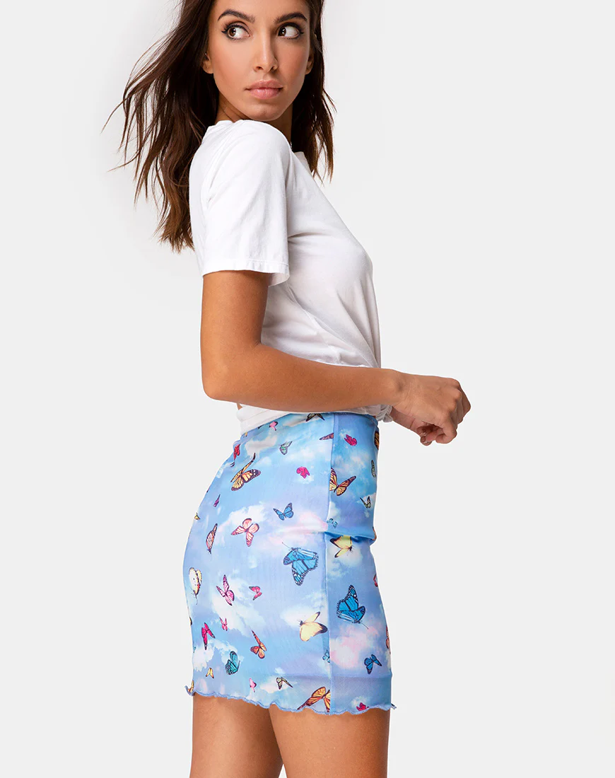 Kinnie Mini Skirt in Mesh Blue Butterfly - Awmao