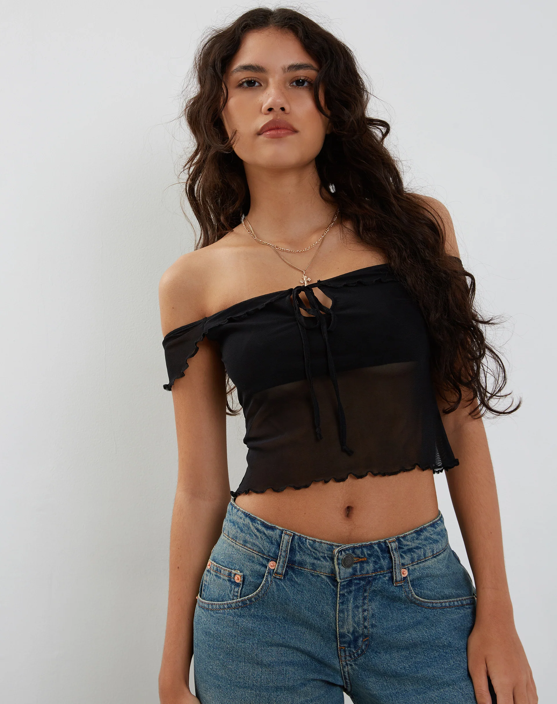 Nabil Bardot Top in Mesh Black - Awmao