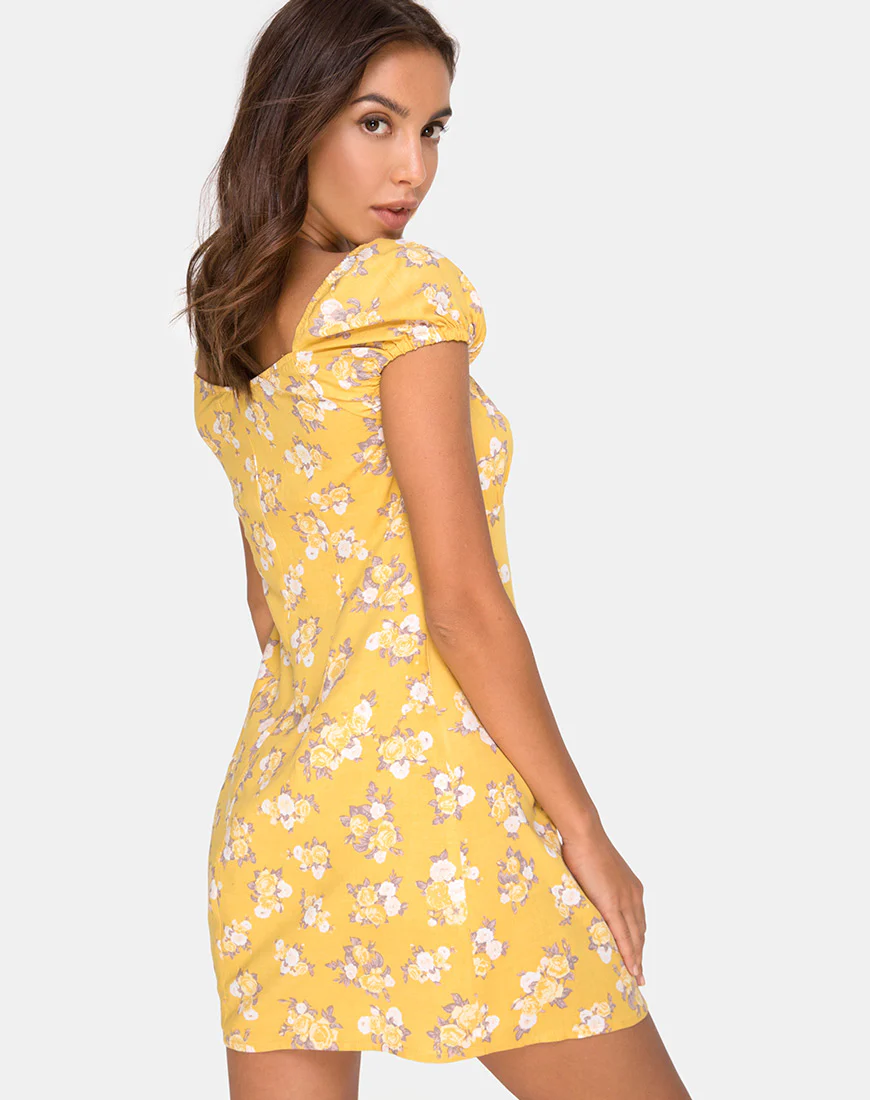 Gaval Mini Dress in Rose Bunch Yellow - Awmao