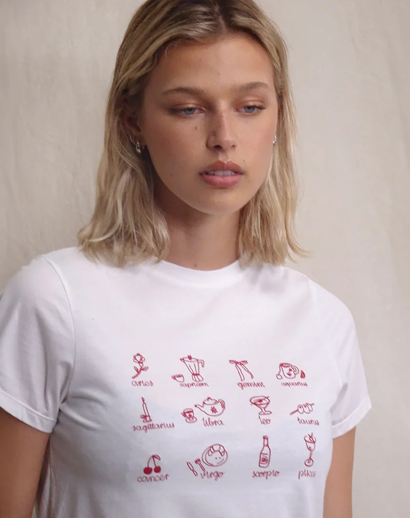 Saki Tee in White with Red Star Signs Print - Awmao