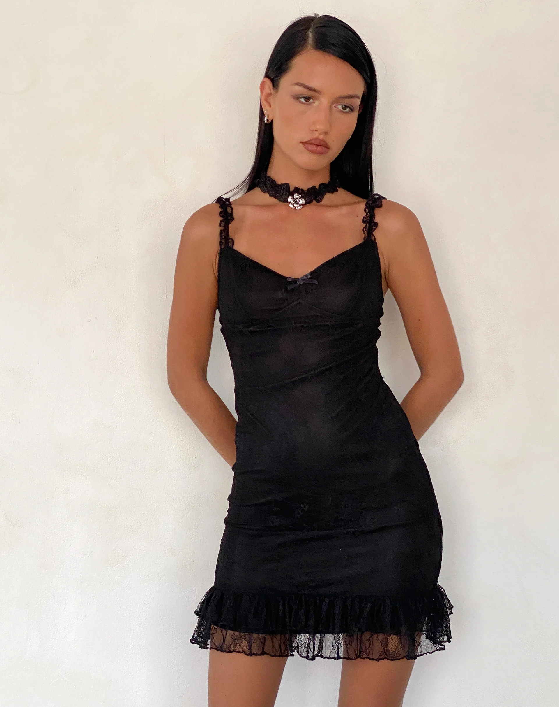 Elaine Lace Mini Dress in Black - Awmao