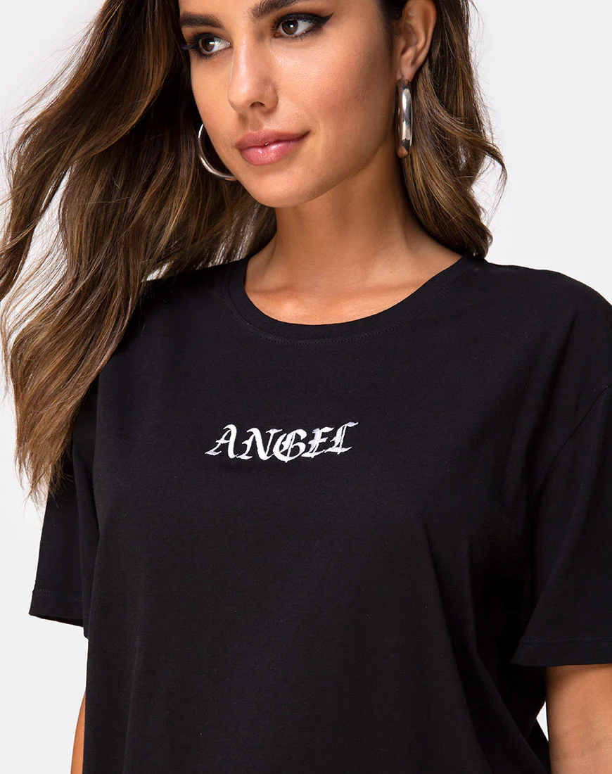 Oversize Basic Tee in Black with Angel Embro - Awmao