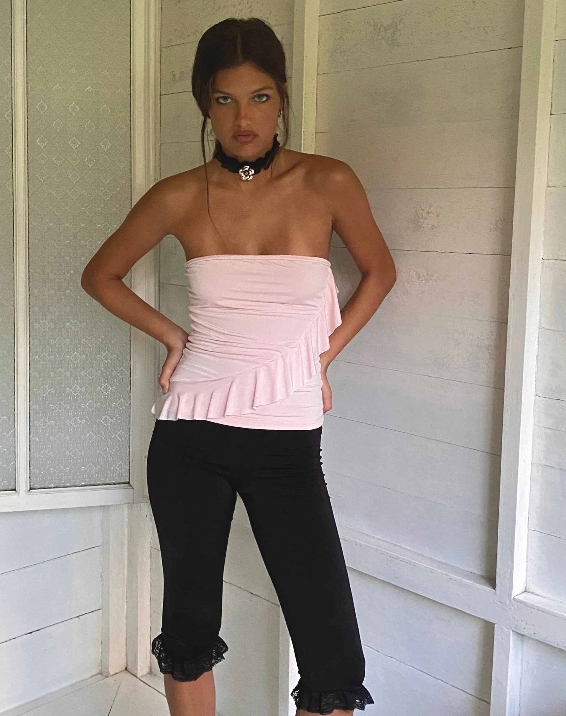 Baylin Ruffle Bandeau Top in Baby Pink - Awmao
