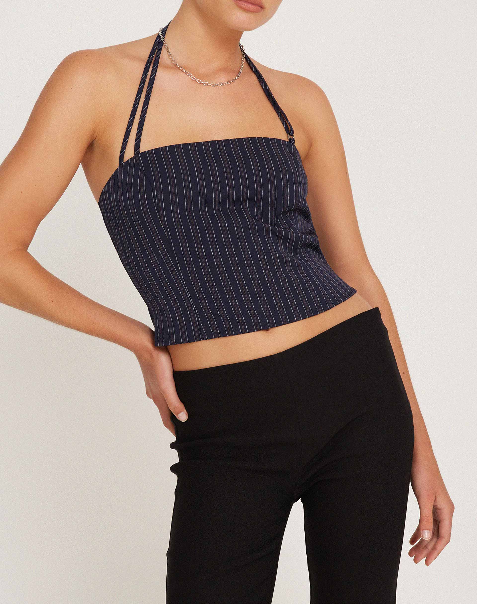 Arreta Crop Top in Pinstripe Navy - Awmao