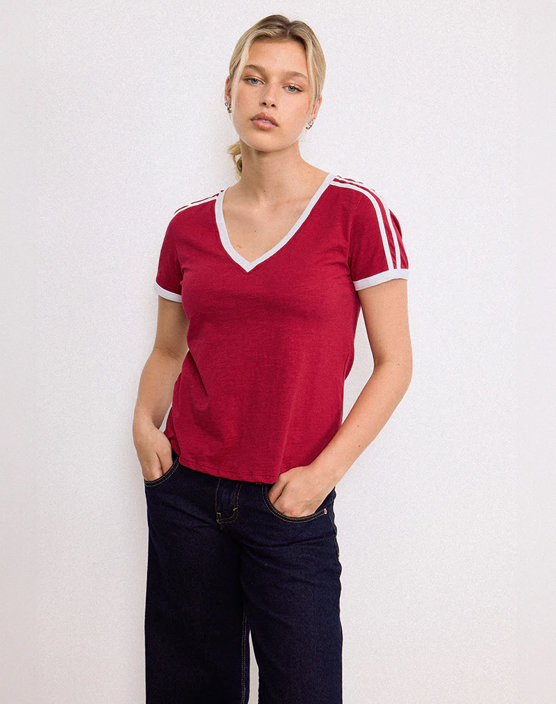 Janan Top in Adrenaline Red with White Binding - Awmao