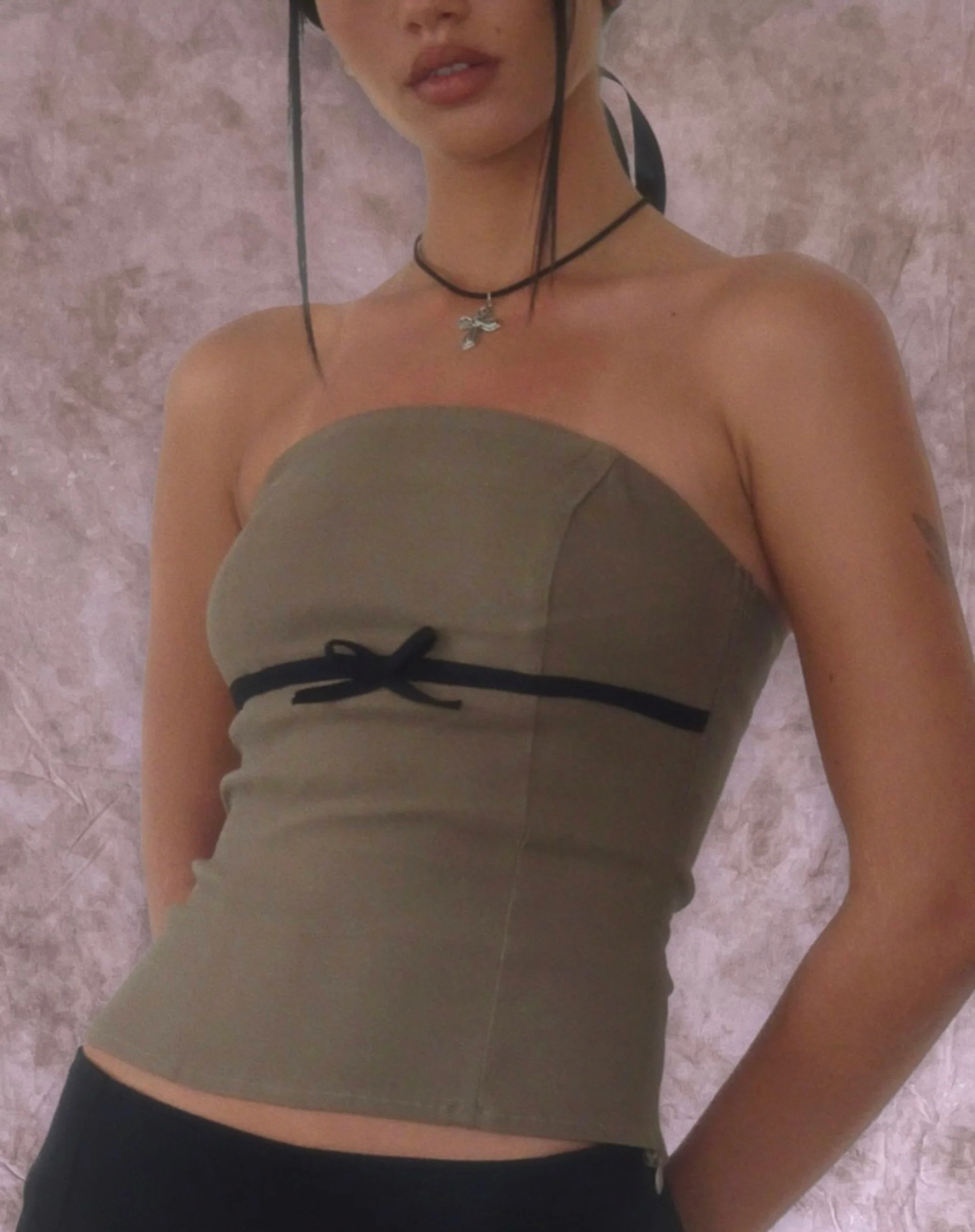 Woyla Bandeau Top in Coco with Black Bow - Awmao