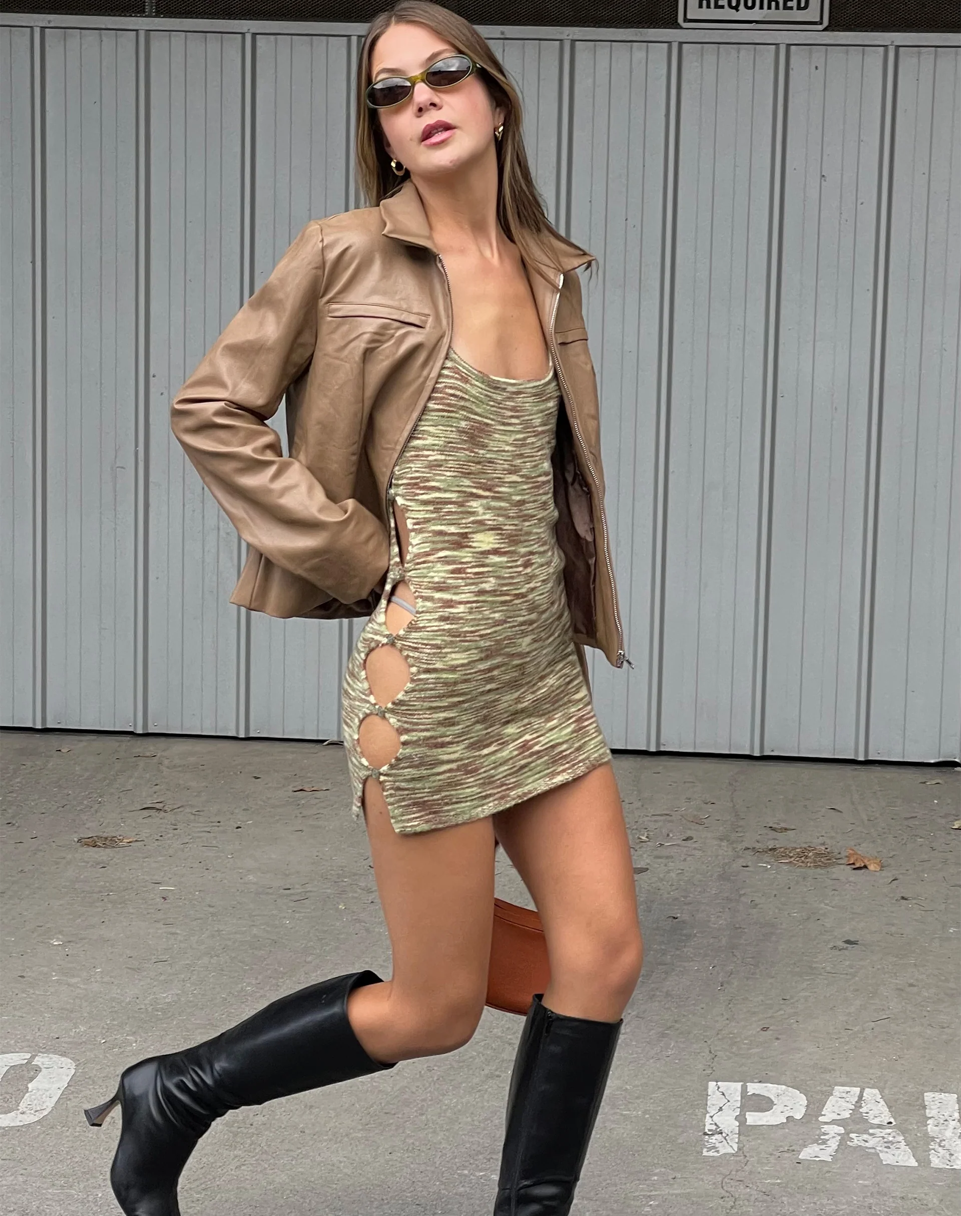 Lukita Mini Dress in Mix Space Dye Khaki - Awmao