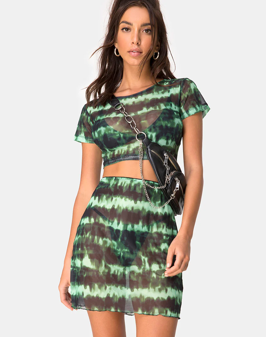 Kinnie Mini Skirt in Tie Dye Turquoise Mesh - Awmao