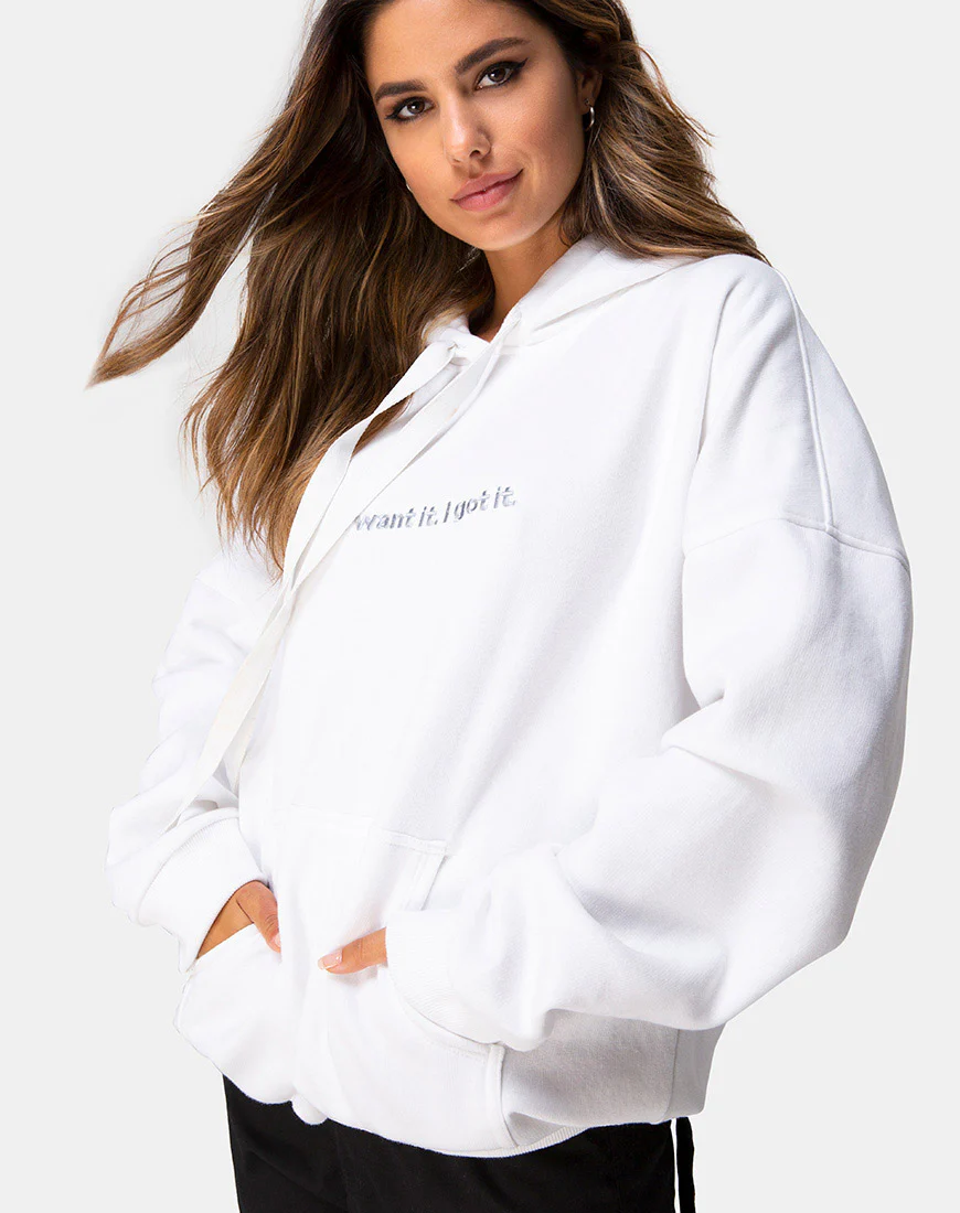 Oversize Hoody in White I Want it Embro - Awmao