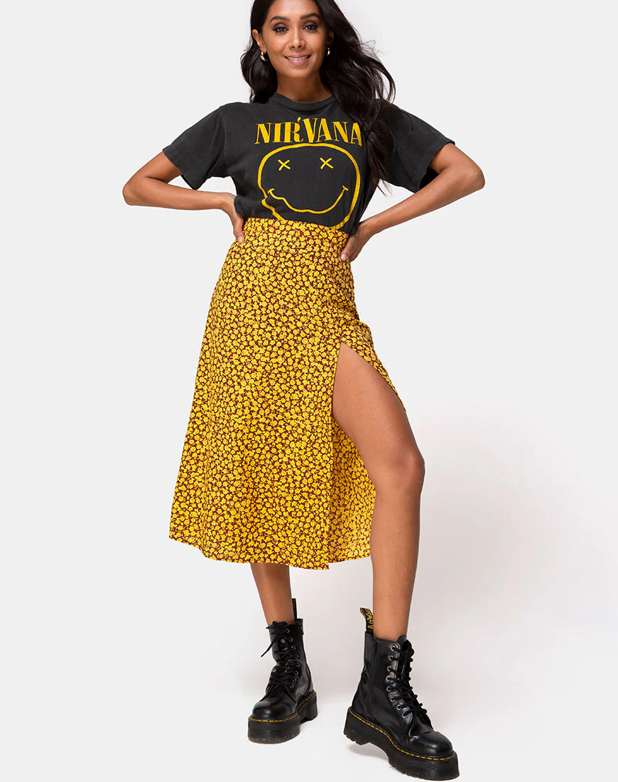 Saika Midi Skirt in Ditsy Rose Marigold - Awmao