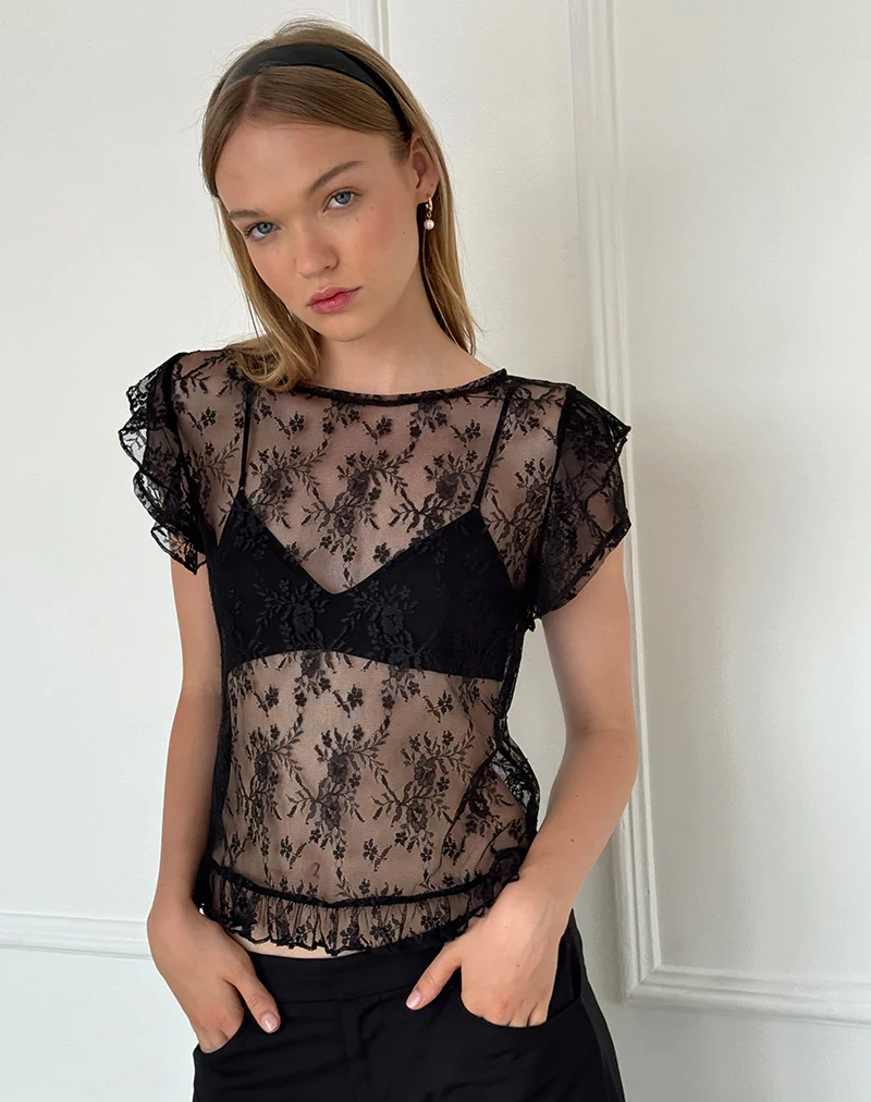 Champel Top in Wild Rose Lace Black - Awmao