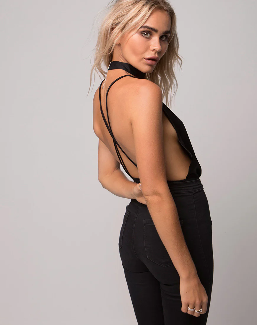Sloan Plunge Bodice in Satin Black - Awmao