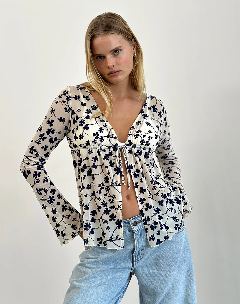 Gerbera Long Sleeve Top in Grunge Floral Flock Cream - Awmao