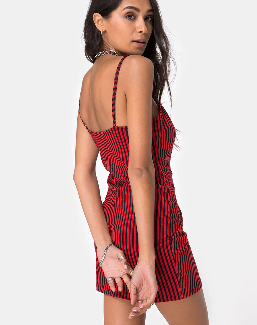 Selah Bodycon Dress in Mini Stripe Red and Black - Awmao