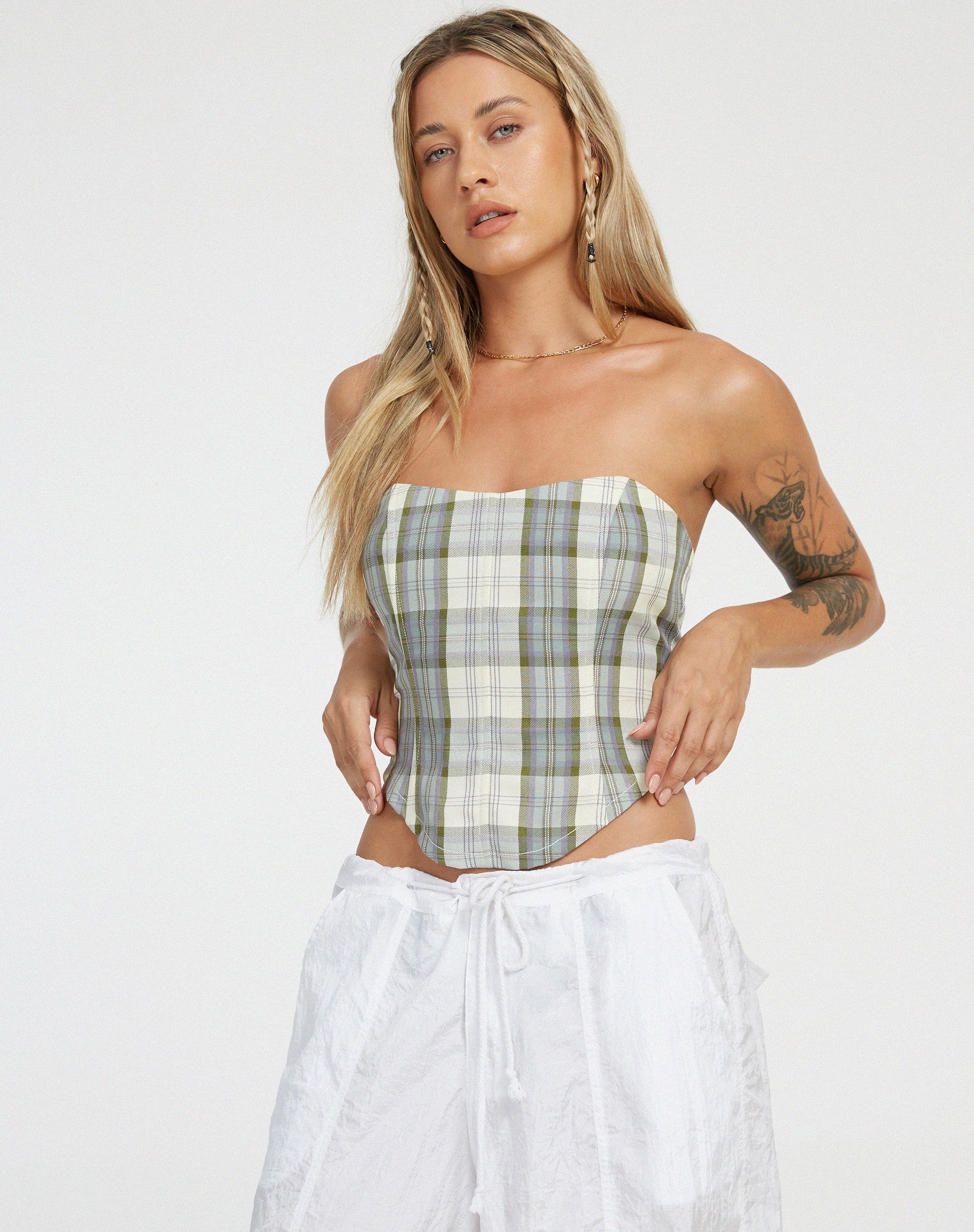 Kayashi Corset in Check Green and Cream - Awmao