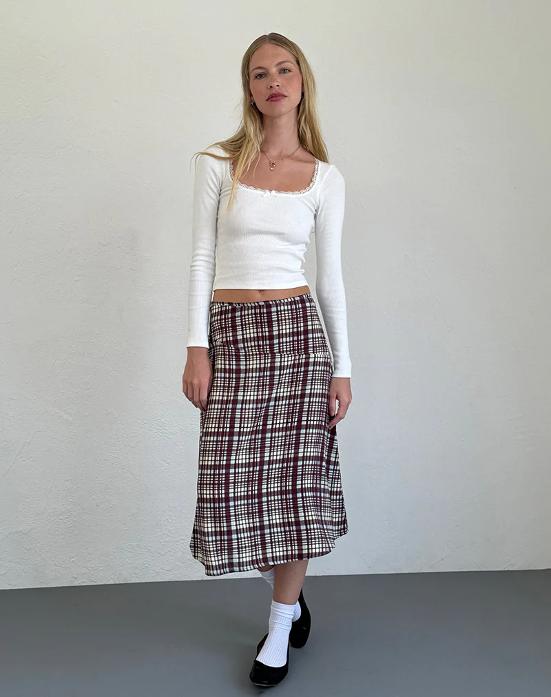 Brella Midi Skirt in Multi Check Brown - Awmao