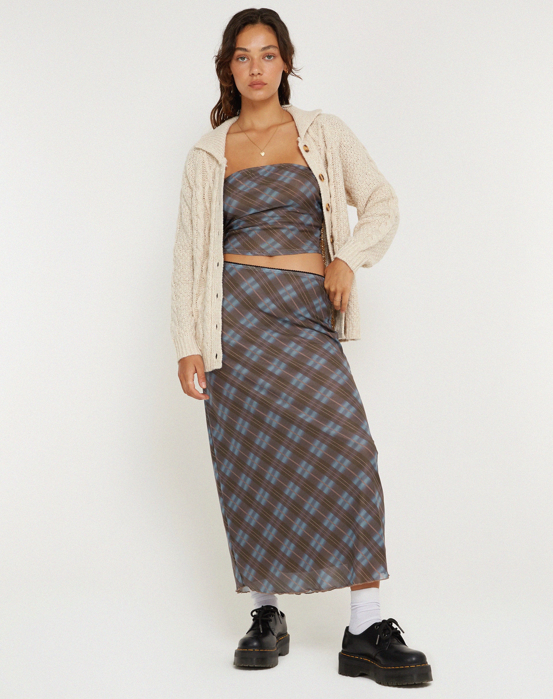 Lassie Midi Skirt in Green Blurred Check Dark Olive - Awmao
