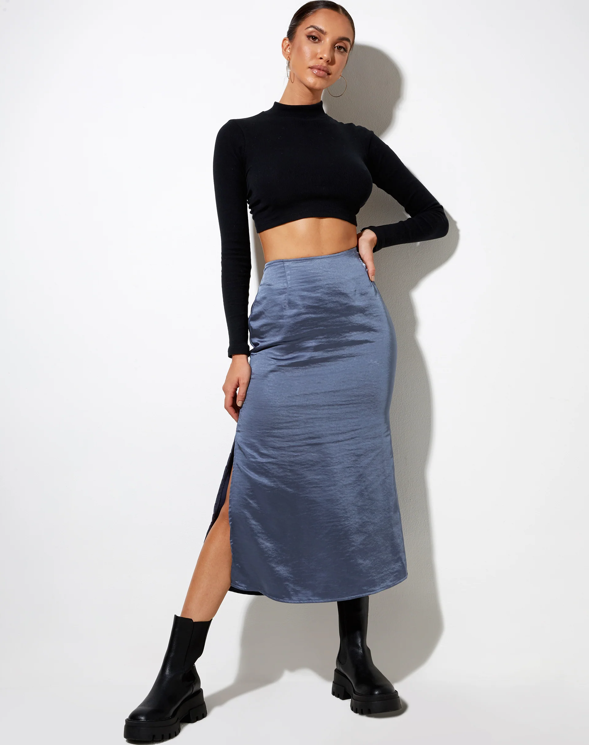 Tindra Midi Skirt in Satin Slate Blue - Awmao