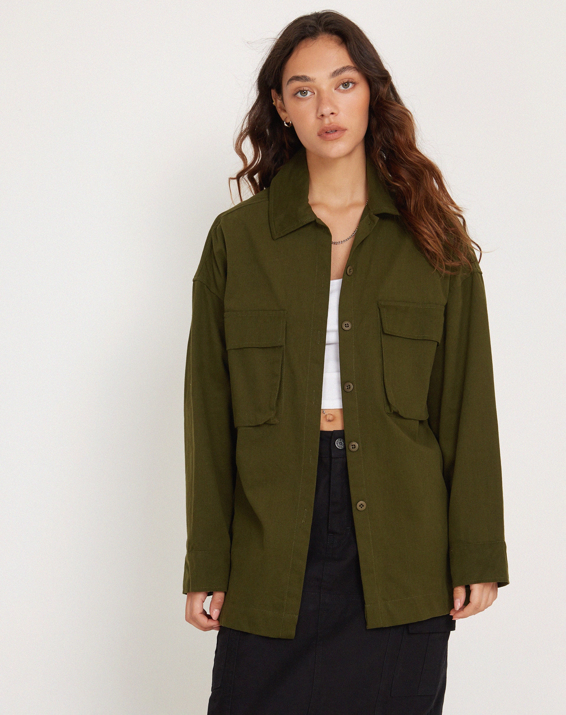 Phlox Oversized Shirt in Dark Olive - Awmao