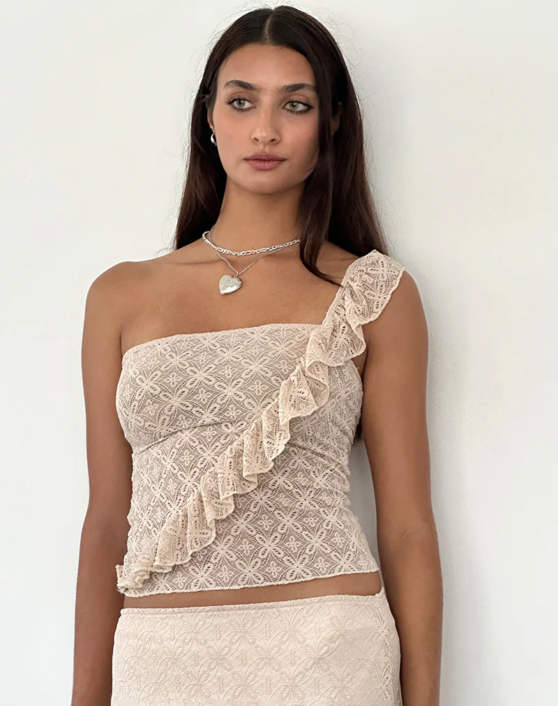 Kezia Bandeau Frill Top in Textured Nude Lace - Awmao