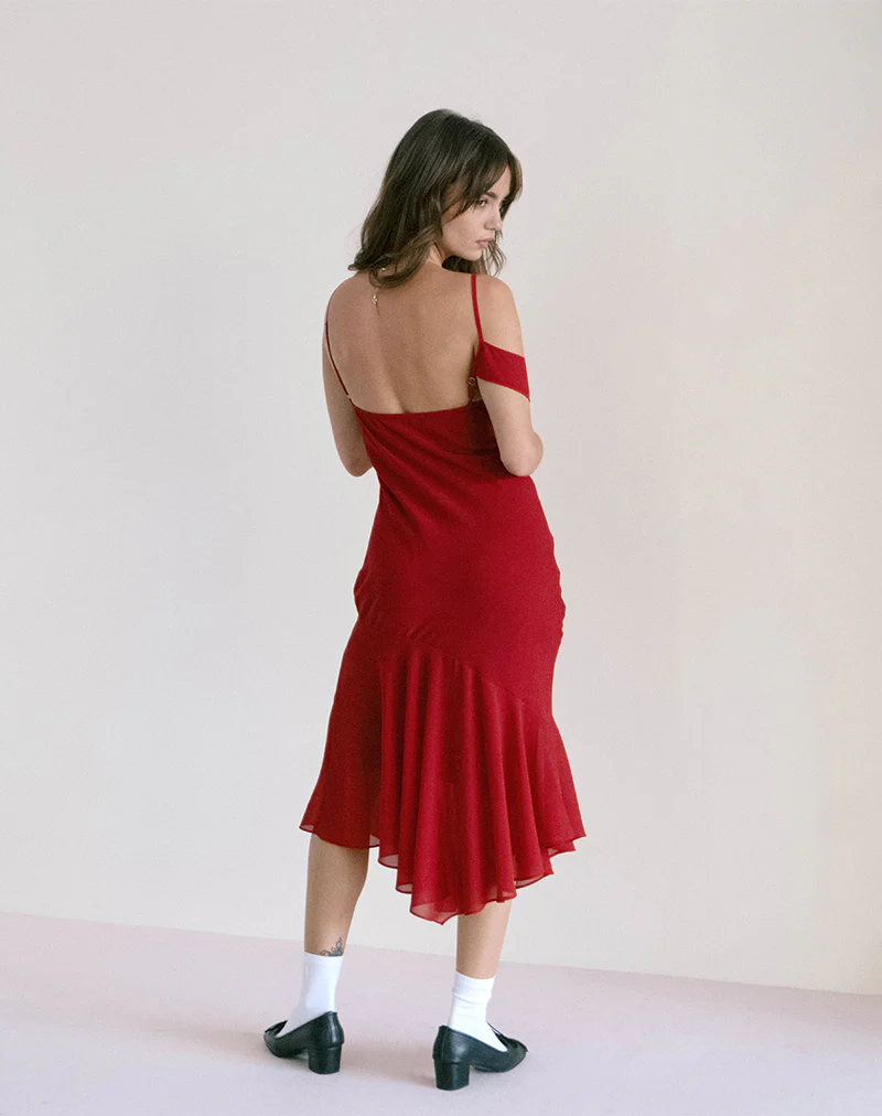 Dansya Midi Chiffon Dress in Red - Awmao