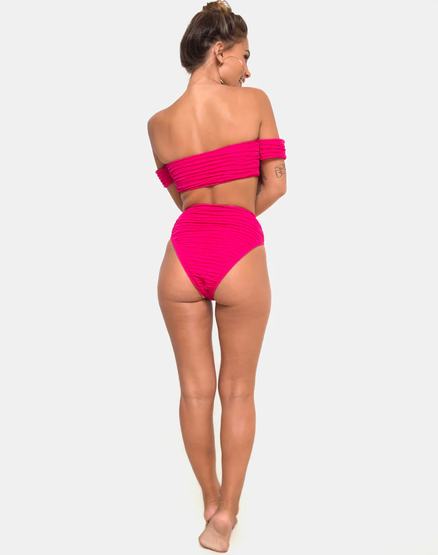 Shaca Bikini Bottom in 80's Crinkle Pink Highlighter - Awmao