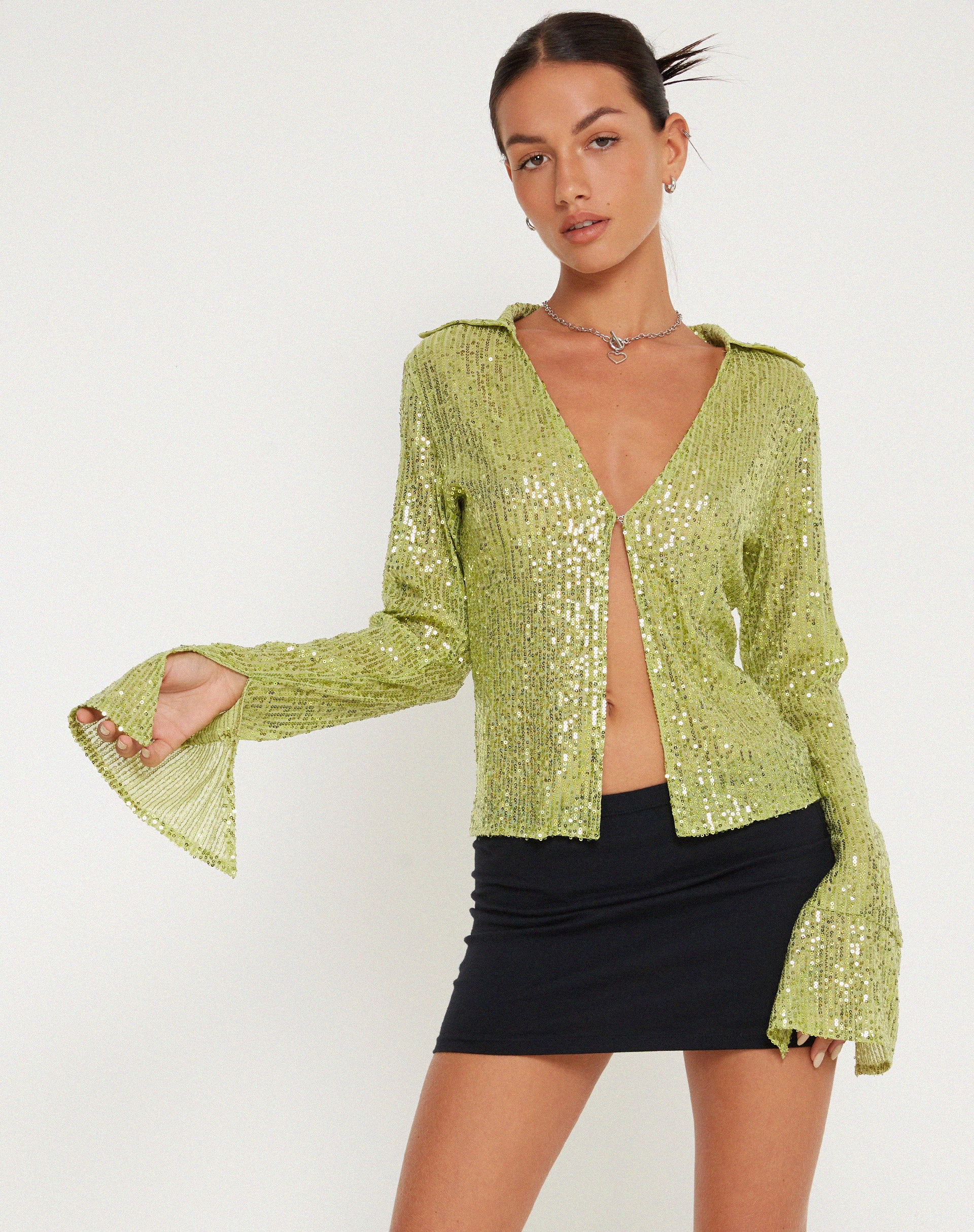 Gedza Button Top in Drape Sequin Lime Green - Awmao