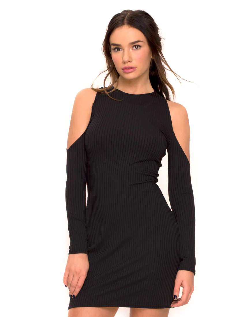 Marsha Cold Shoulder Dress in Black Rib - Awmao