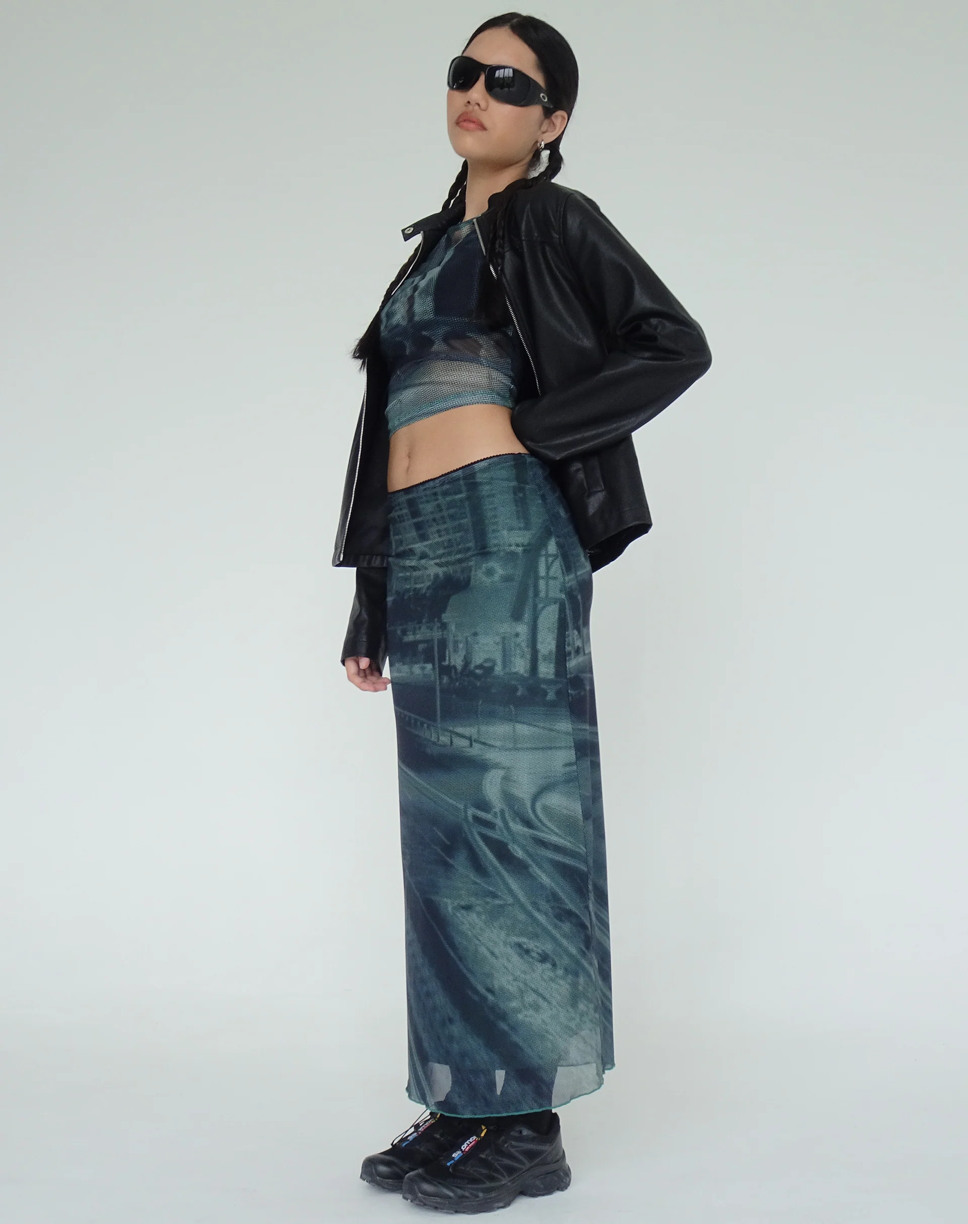 Rindu Midi Skirt in Cityscape Green - Awmao