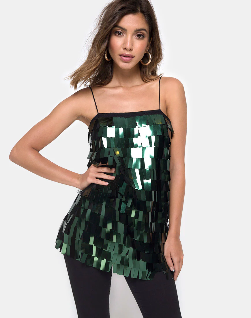 Keke Long Top in Dangle Sequin Forest Green - Awmao
