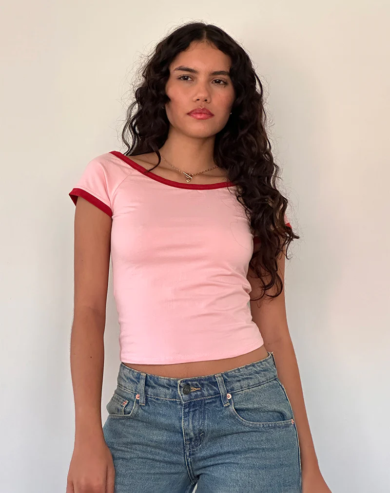 Bitha Top in Ballet Pink with Adrenaline Red Binding - Awmao