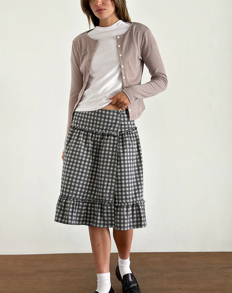 Kasya Midi Skirt in Tonal Gingham Black and Grey - Awmao