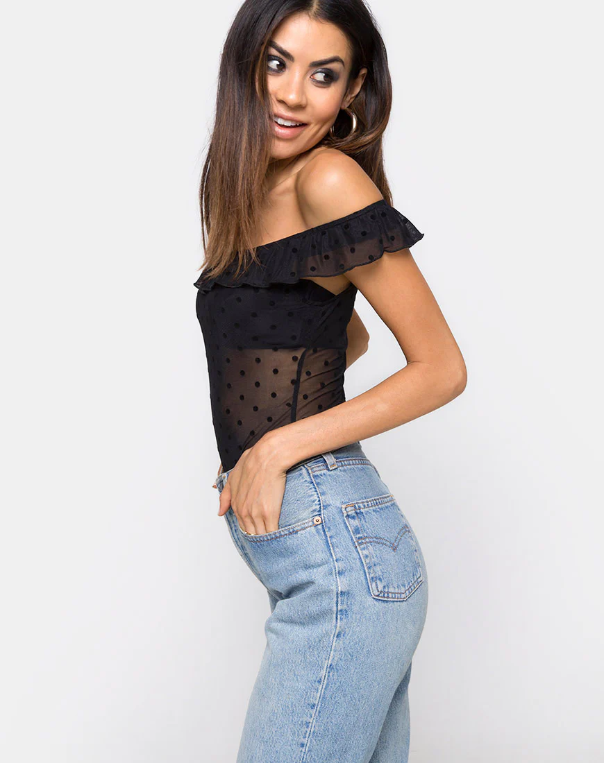 Natalia Off The Shoulder Bodice in Polka Net Black - Awmao