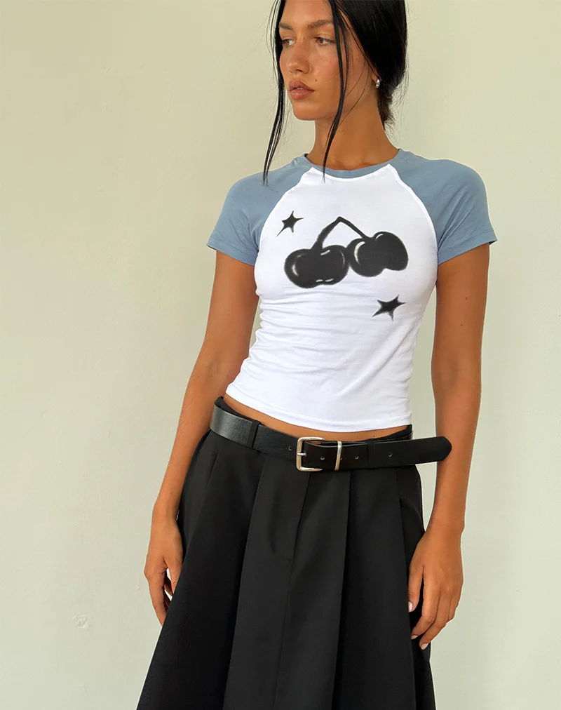 Agneta Baby Tee in White with Faded Denim Cherry Print - Awmao