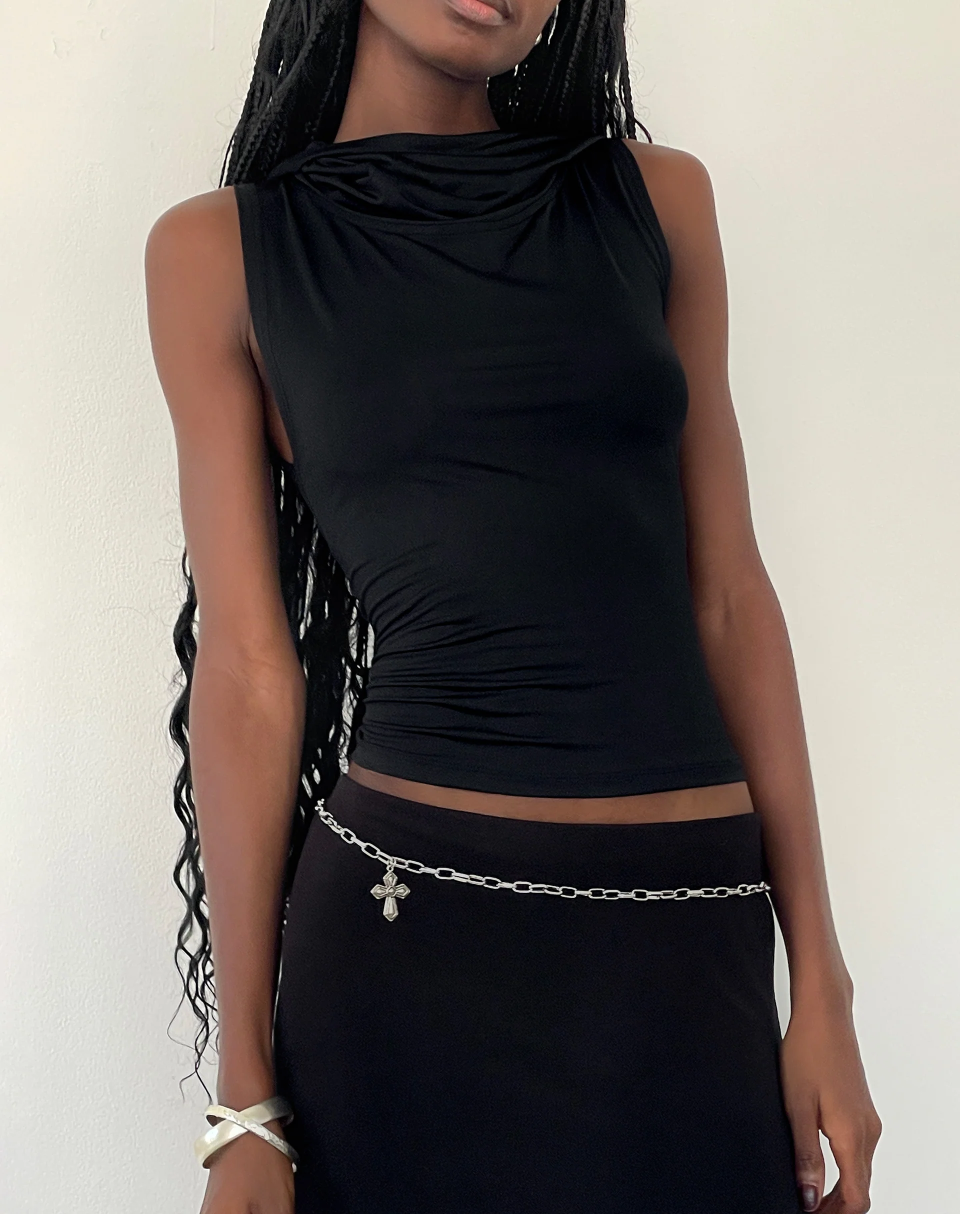 Tapia Hooded Tank Top in Black Slinky - Awmao