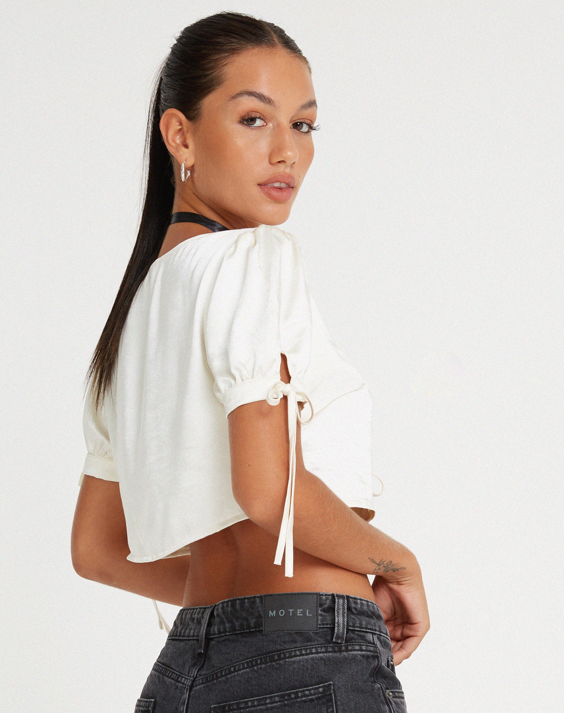 Sanura Tie Up Crop Top in Satin Ivory - Awmao