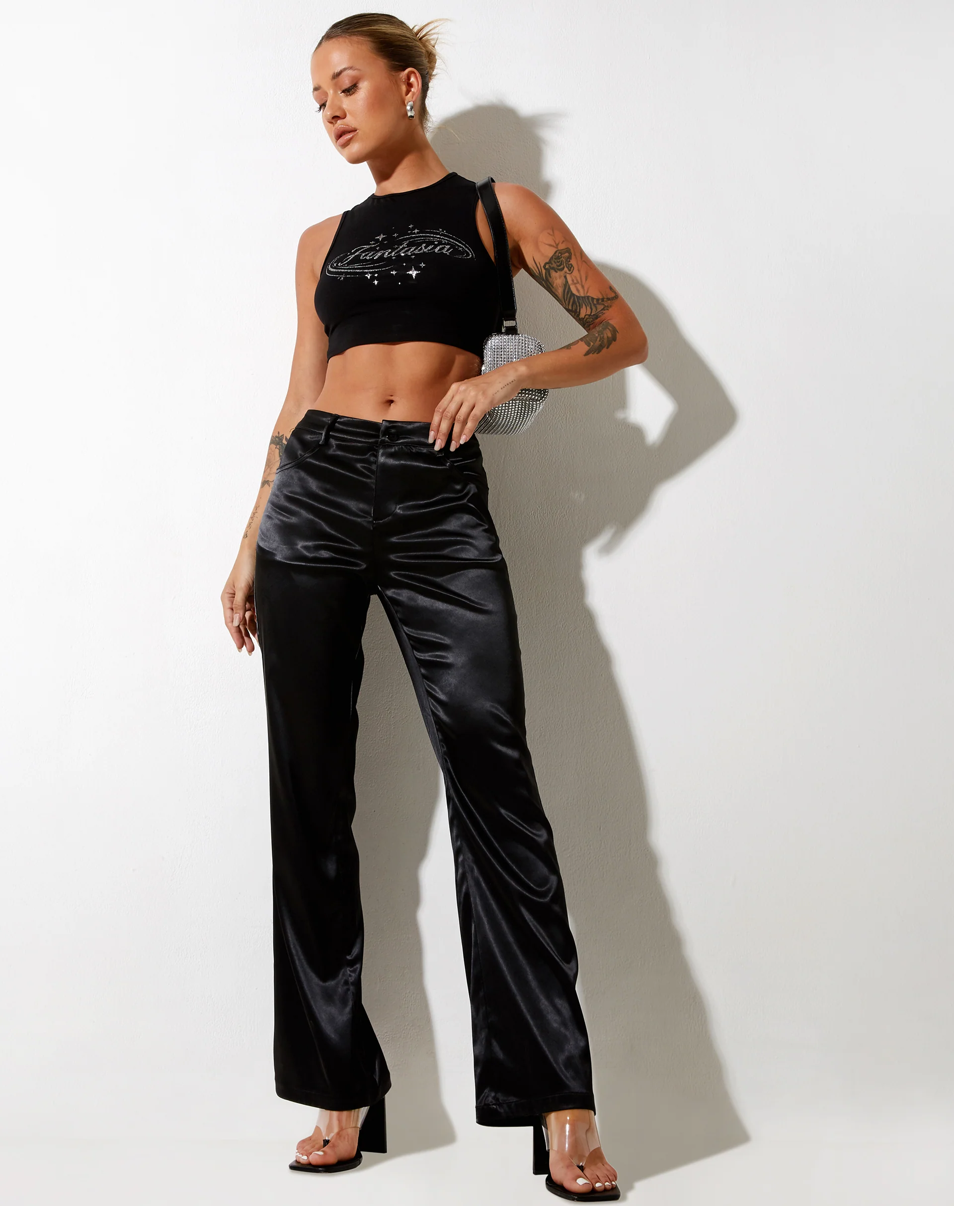 Desta Trouser in Satin Black Fantasia Diamante - Awmao