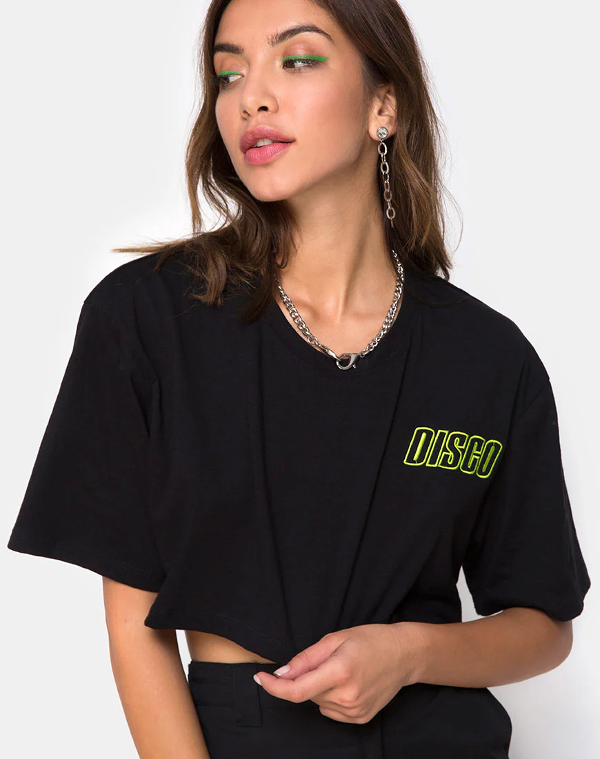 Super Cropped Black Tee in Disco Embro - Awmao