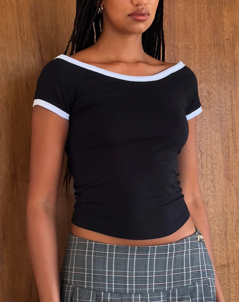 Bitha Crop Top in Black with White Piping - Awmao