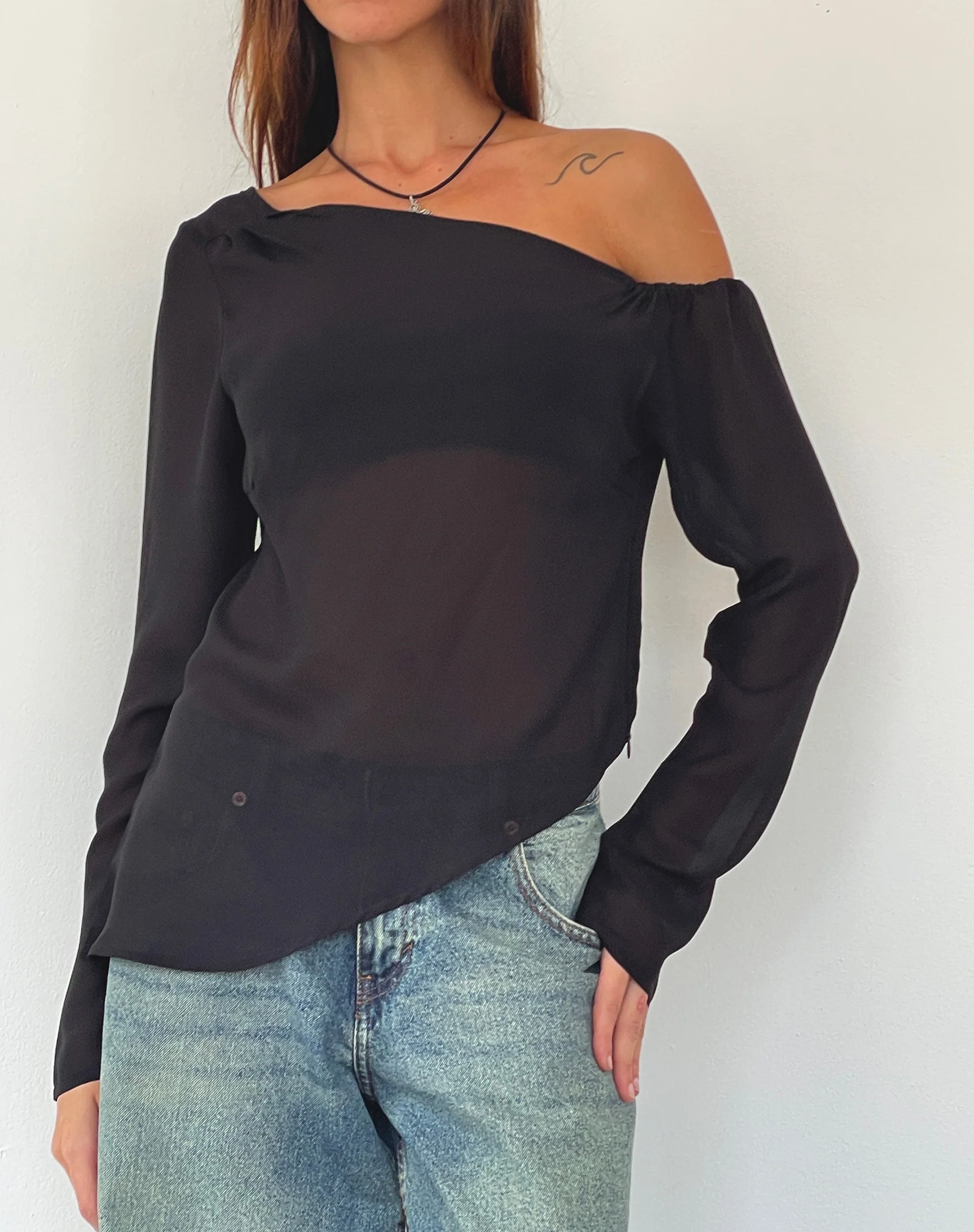 Riot Asymmetric Longline Top in Black Chiffon - Awmao