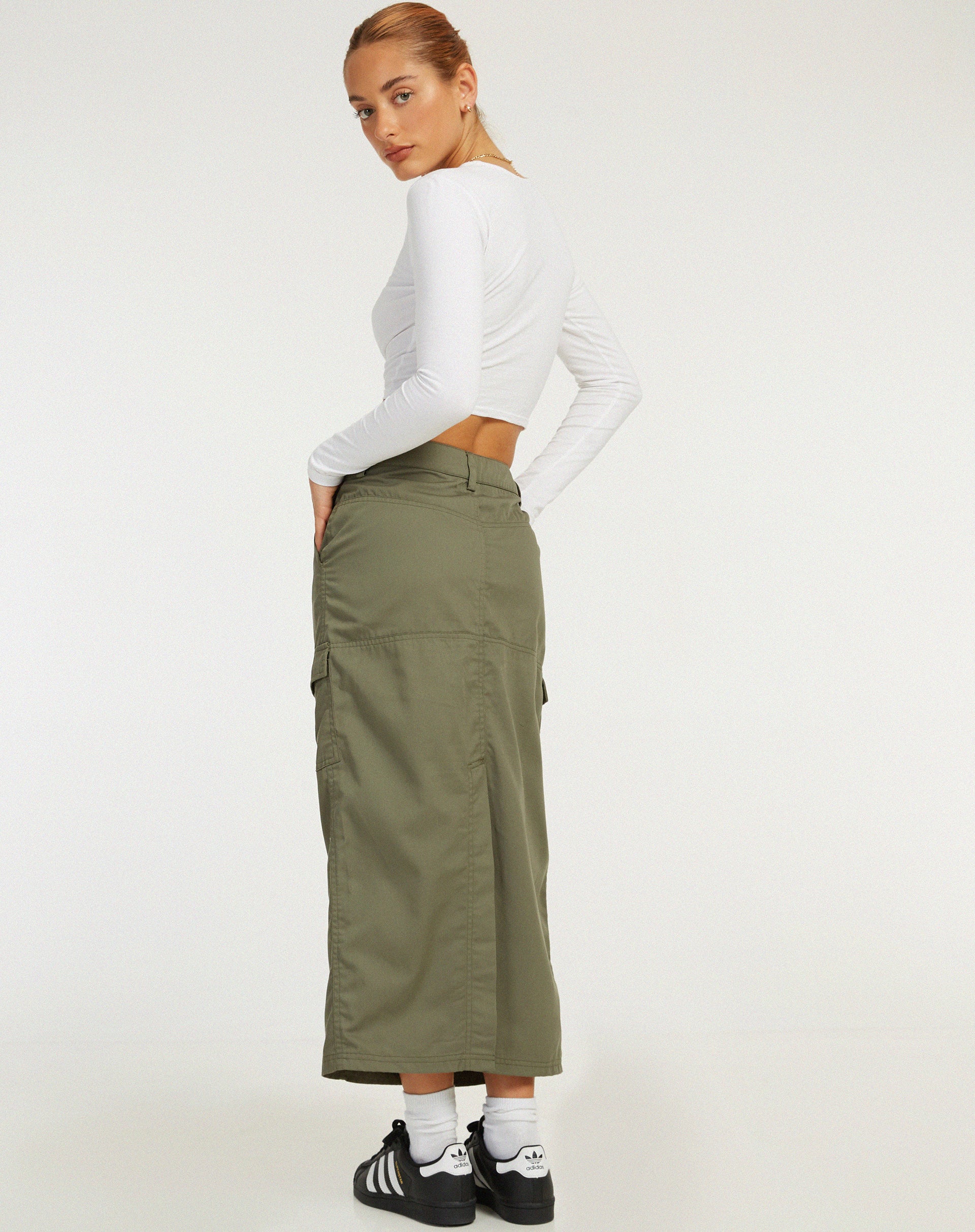 Widya Cargo Midi Skirt in Dark Olive - Awmao