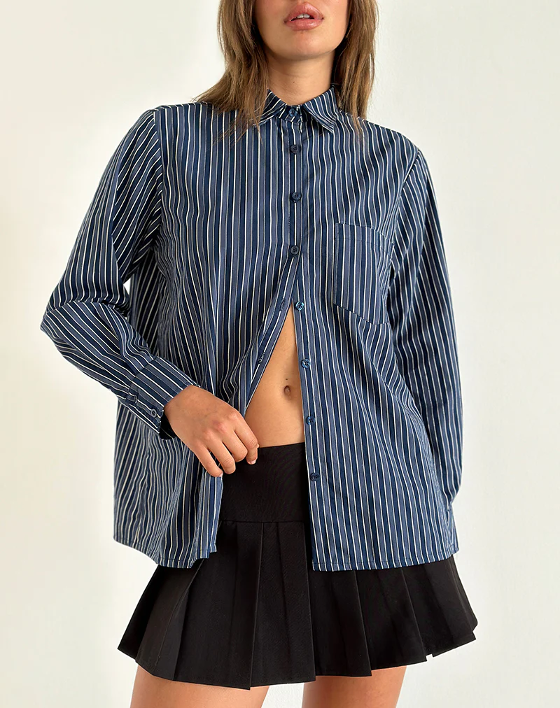 Turner Shirt in Dark Blue Indigo Stripe - Awmao