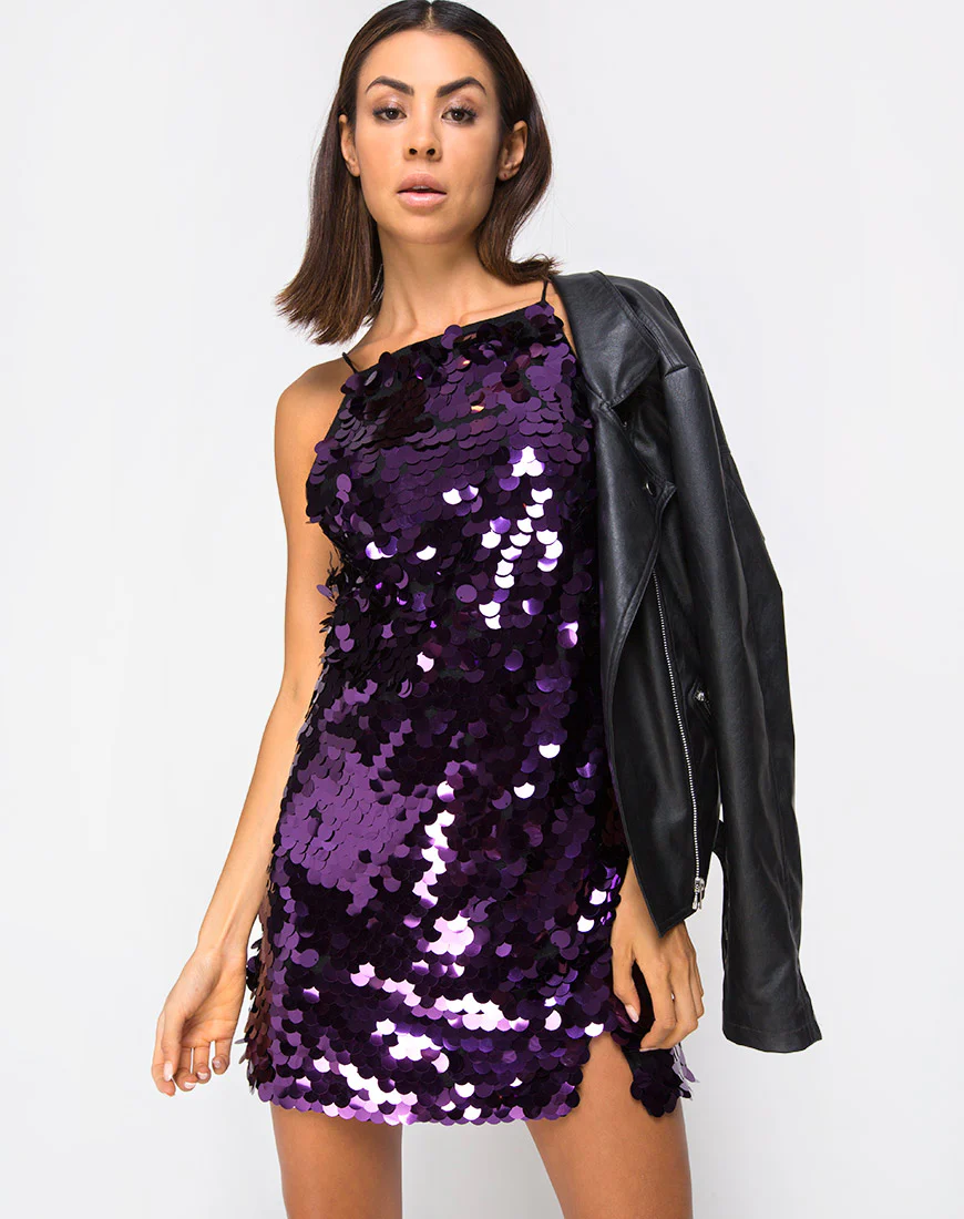 Corine Slip Dress in Plum Disc Sequin - Awmao