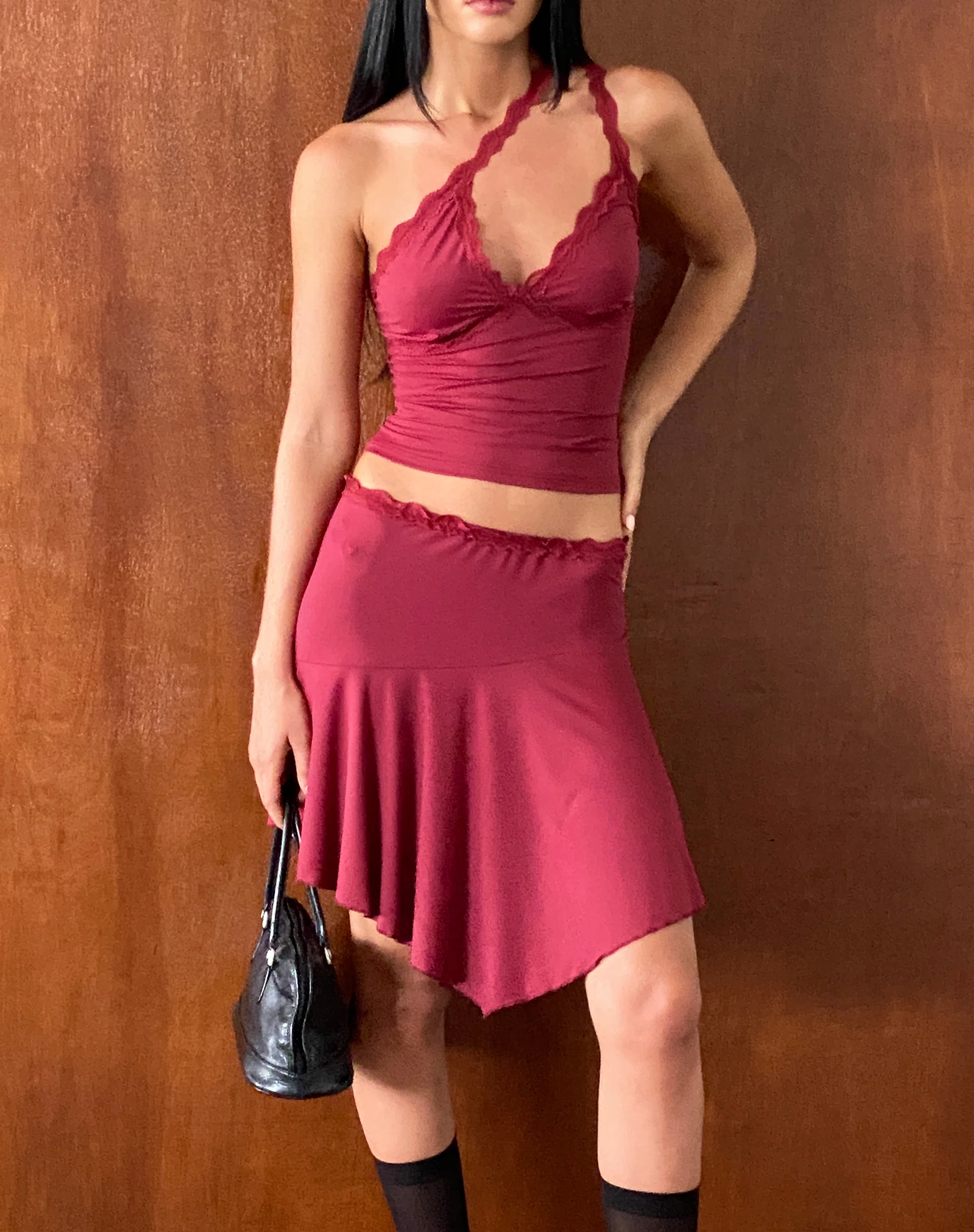 Lula Lace Trim Mini Skirt in Dark Cherry - Awmao