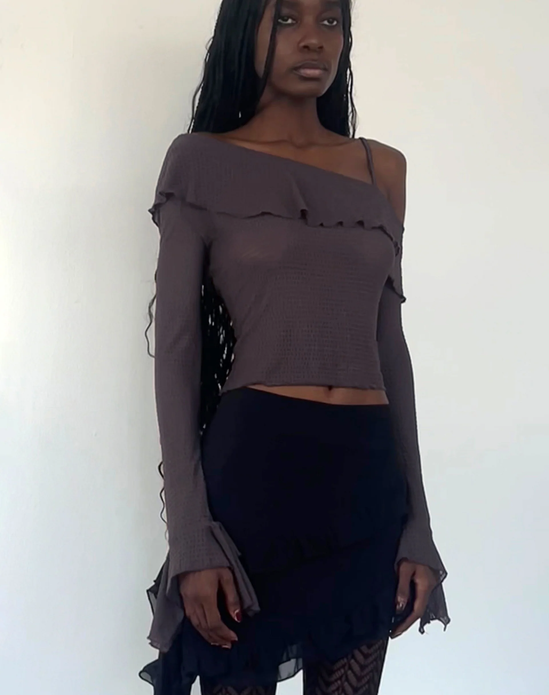 Viserra Asymmetric Long Sleeve Top in Bubble Mesh Brown - Awmao