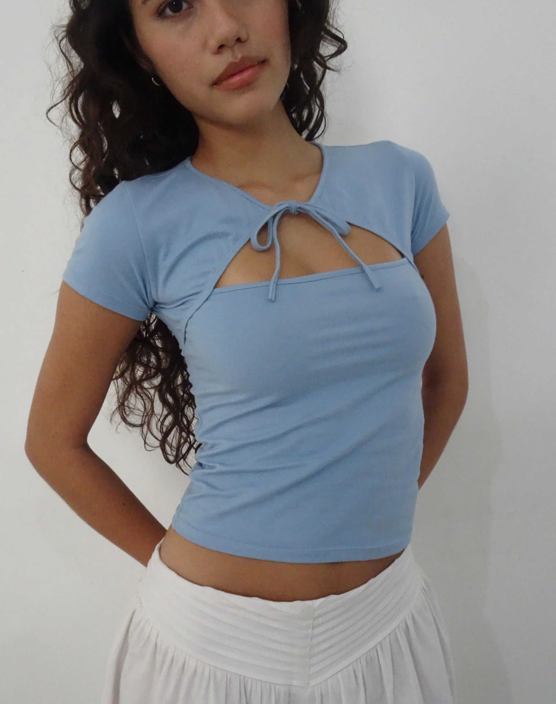 Novalie Tie Front Top in Artic Ice Lycra - Awmao